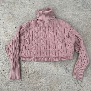 Pastel Pink Cropped Cable Knit Turtleneck Sweater